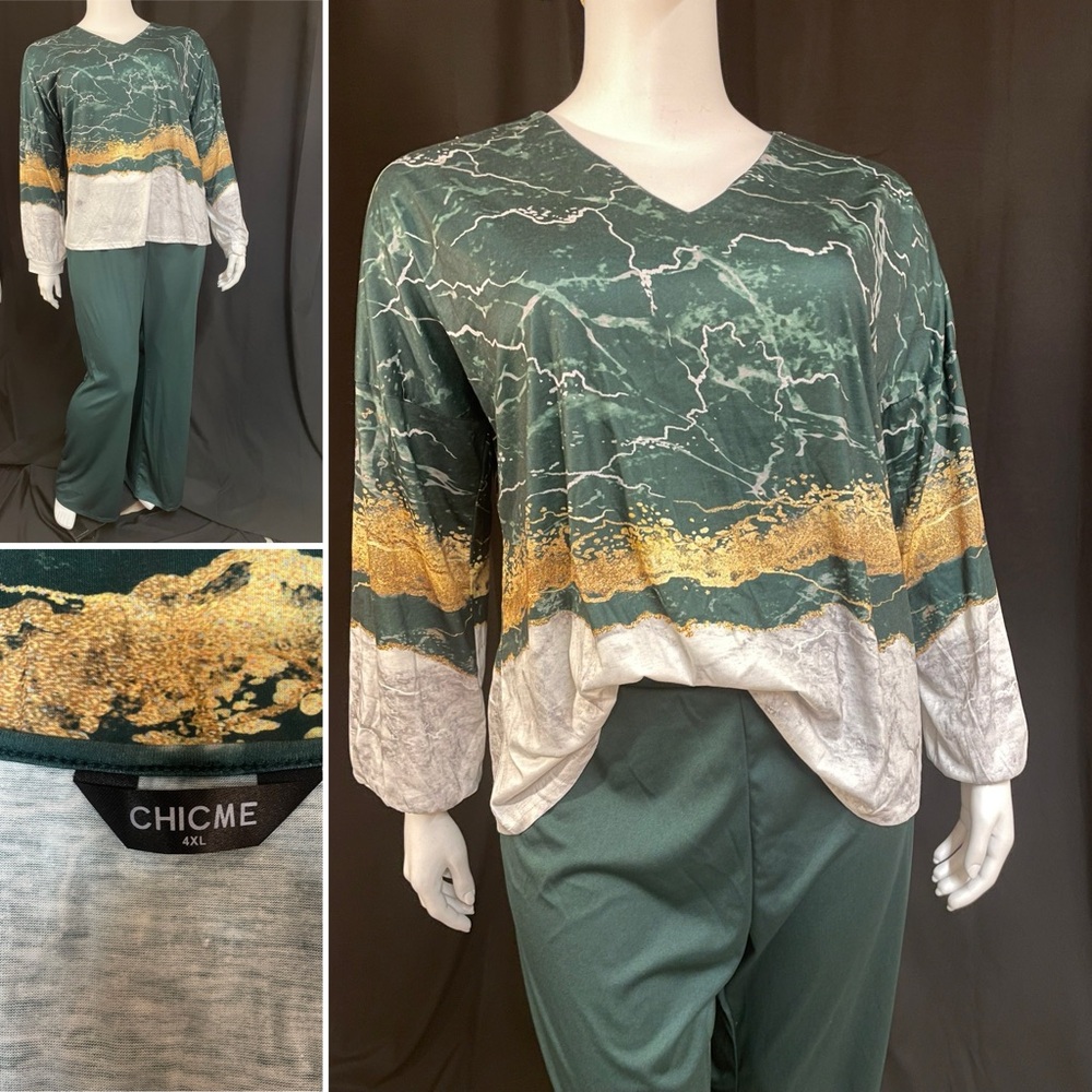 Chicme 2-pc Green and Gold Marble Print Top and Pants Set